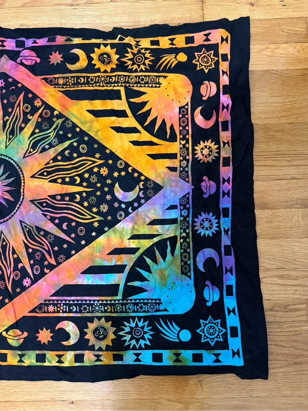 Celestial Sun Moon Tapestry Wall Hanging Tie Dye Hippie Boho Black 43” x 29”